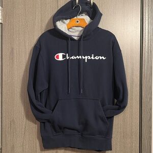 Champion Men's Script Logo Pullover Navy Blue Sweatshirt Hoodie Size Medium EUC
